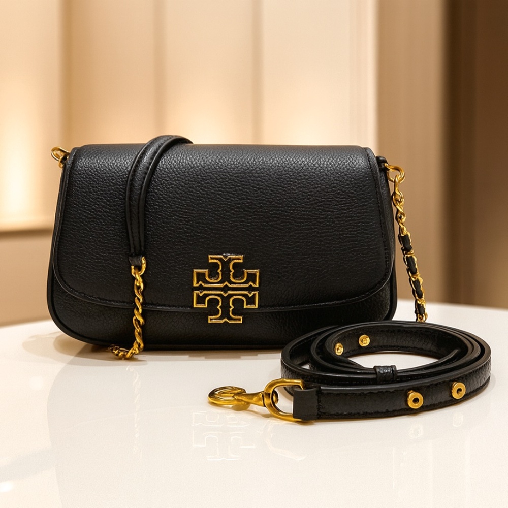Tory Burch Britten Black Leather Convertible Shoulder Bag/Crossbody Bag/Clutch
